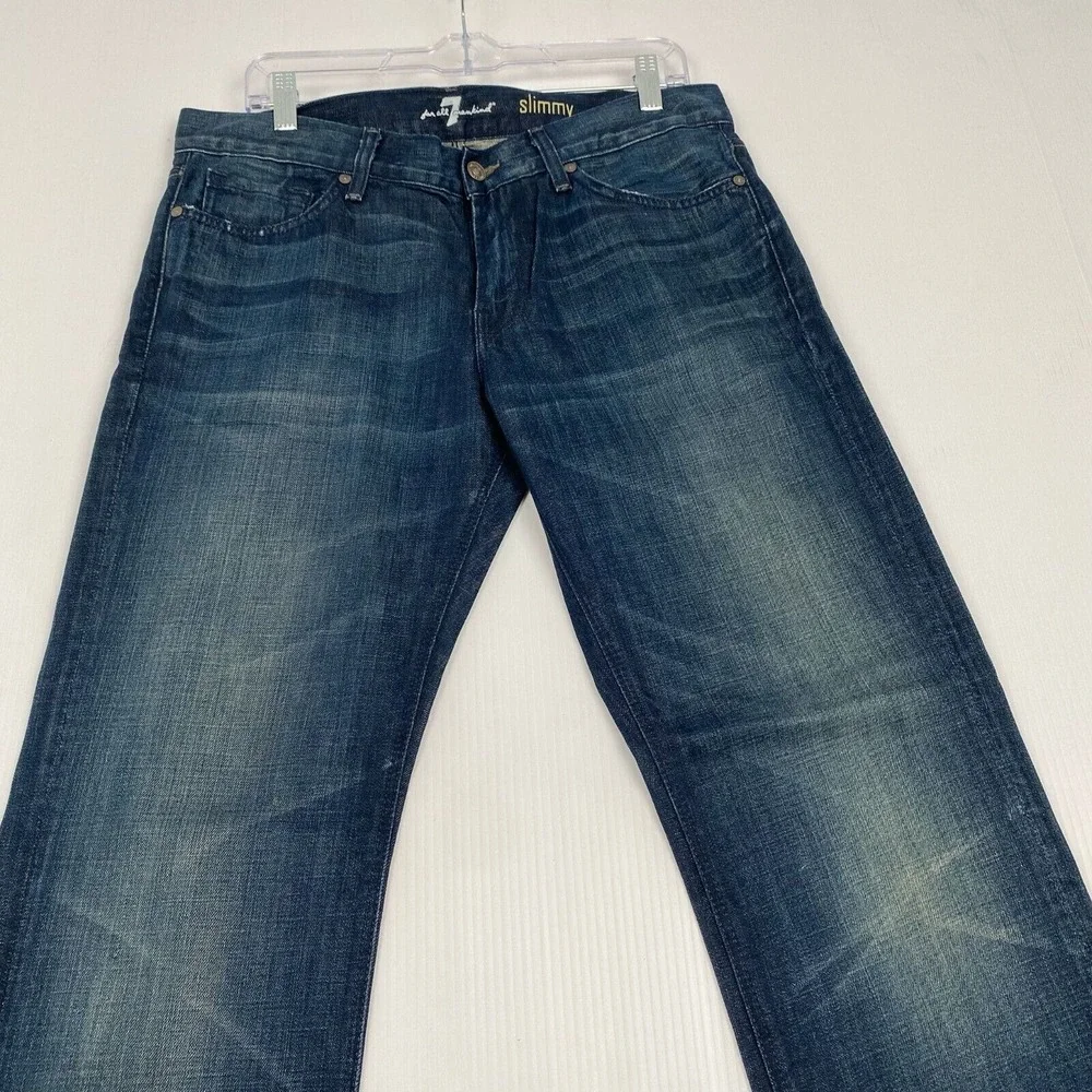 7 For All Mankind Men's Blue Skinny Jeans Size 33 Blue 100% Cotton with Pockets.